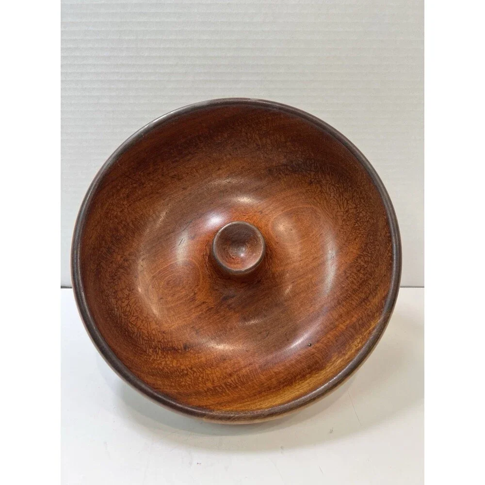 Vintage Real Wood Nut Bowl MCM Mid Century Modern 9.5” Turned Center Nut Cracker